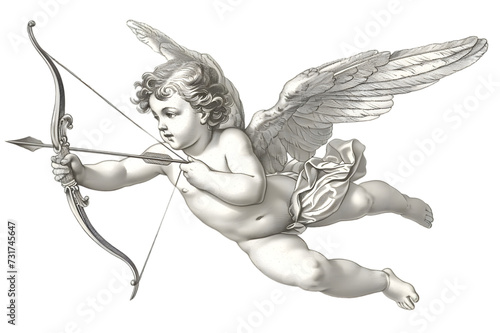 Cupid flying overhead shooting his arrow vintage illustration isolated on transparent background