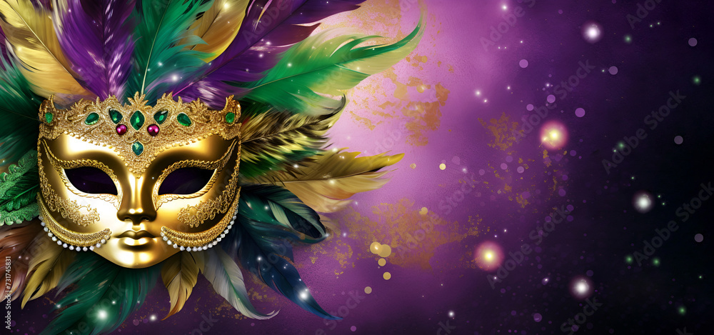 Venetian carnival mask adorned with yellow, green, and purple feathers, against a bright background