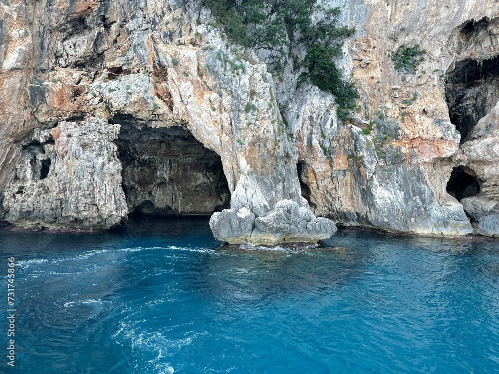View of the blue sea with caves. Orosei, Sardinia, Italy.
