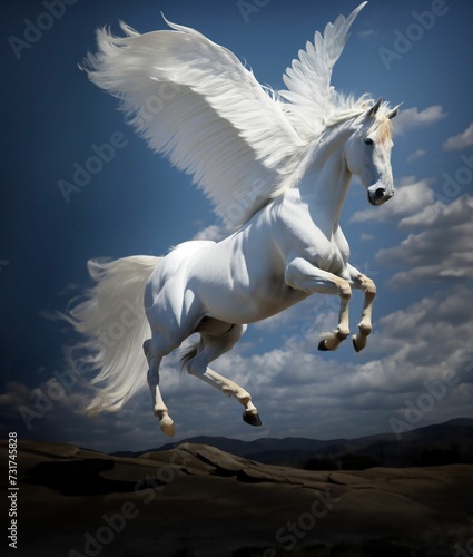 AI generated illustration of a majestic white horse with wings soaring above a mountain range