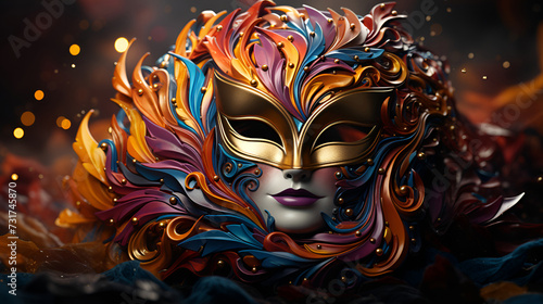 A brightly colored carnival mask suitable for a masquerade, especially for Mardi Gras festivities