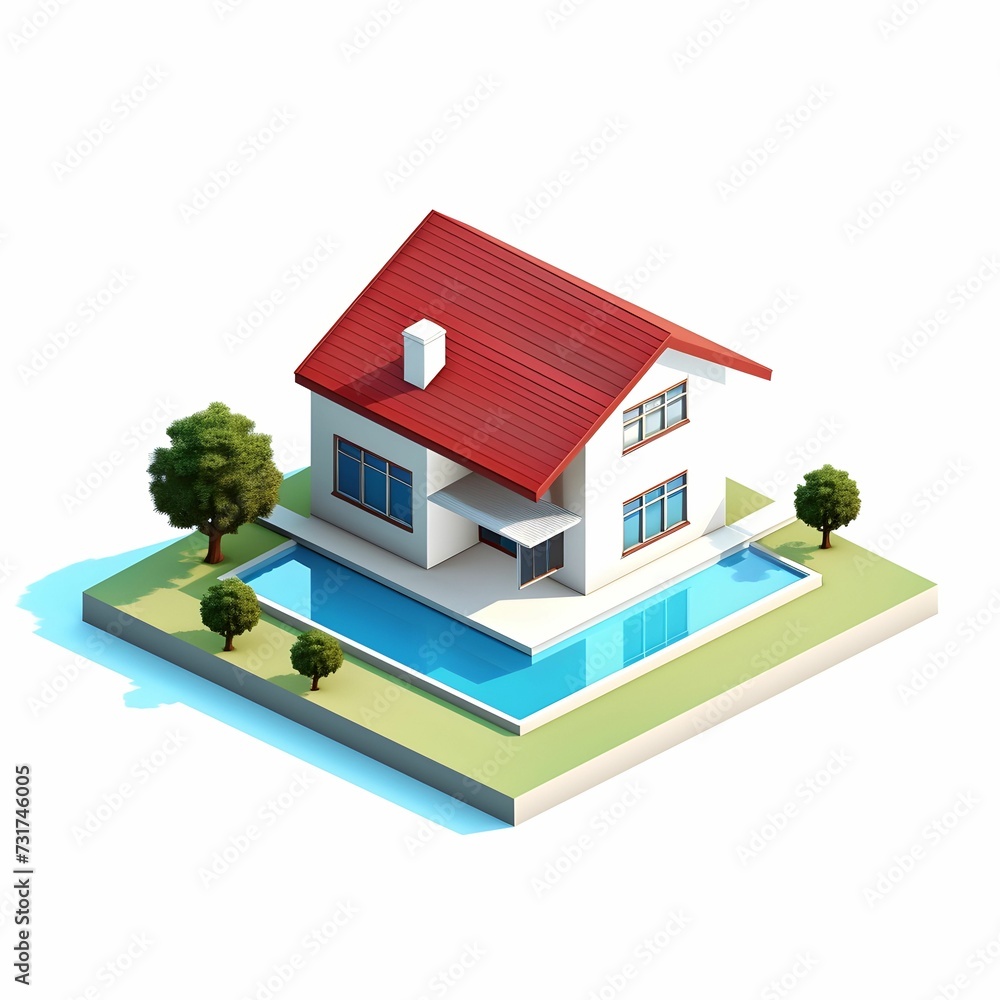 AI generated illustration of a house with a pool in a low poly style isolated on a white background AI generated illustration of a house with a pool in a low poly style isolated on a white background