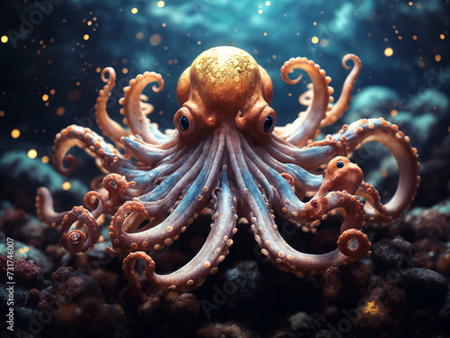 An octopus with a golden head and eight red arms is on a bed of rocks under the sea, with orange lights twinkling in the dark blue water. © Andriok Smith