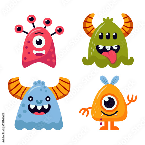 Cute Halloween Monsters icon set. Happy Halloween. Funny head face colorful silhouette. Cute cartoon kawaii baby character. Eyes  horn  teeth fang tongue  wings. Flat design.