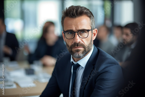 Generative AI picture of handsome successful man working in office on business meeting conference