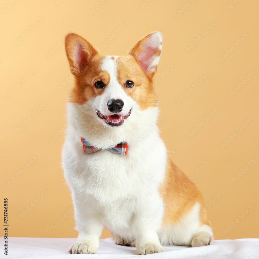 A playful, white-furred dog wearing a red bow tie sitting in a relaxed pose