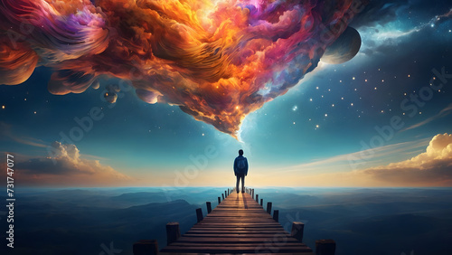 Amidst the cosmic canvas, aa man standing on a wooden platform looking at a colorful cloud, merging imagination with the surreal beauty of the universe. photo