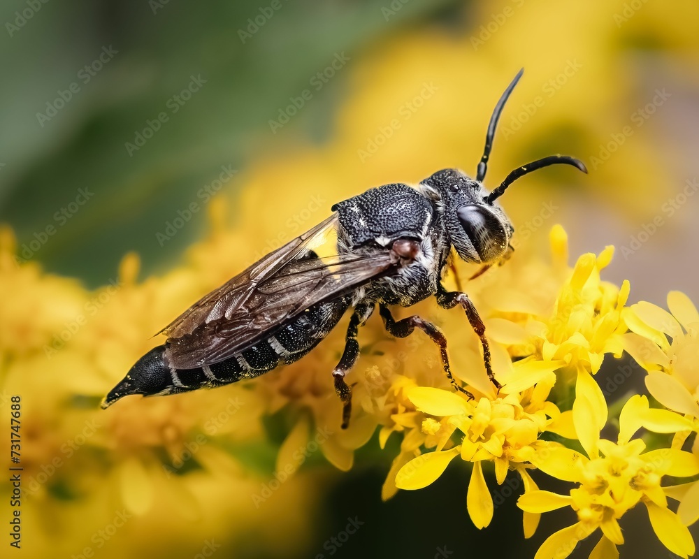 Macro of a Coelioxys Sharp-tailed Cuckoo Bee (Megachilidae sp) feeding on a goldenrod flower Macro of a Coelioxys Sharp-tailed Cuckoo Bee (Megachilidae sp) feeding on a goldenrod flower