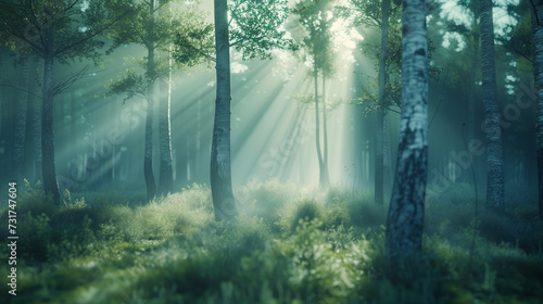 A forest covered in a light mist, with sun rays penetrating through the branches, creating a magical and mysterious atmosphere © NIMBUS BREW