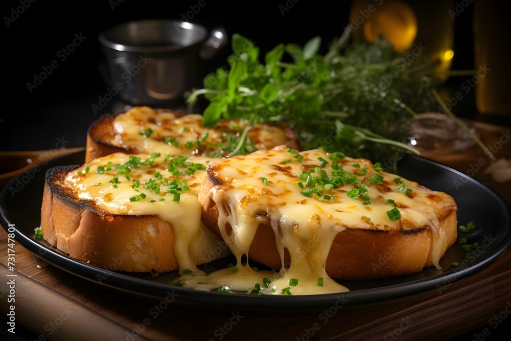 AI generated illustration of a freshly-made toasts with melted cheese and herbs AI generated illustration of a freshly-made toasts with melted cheese and herbs