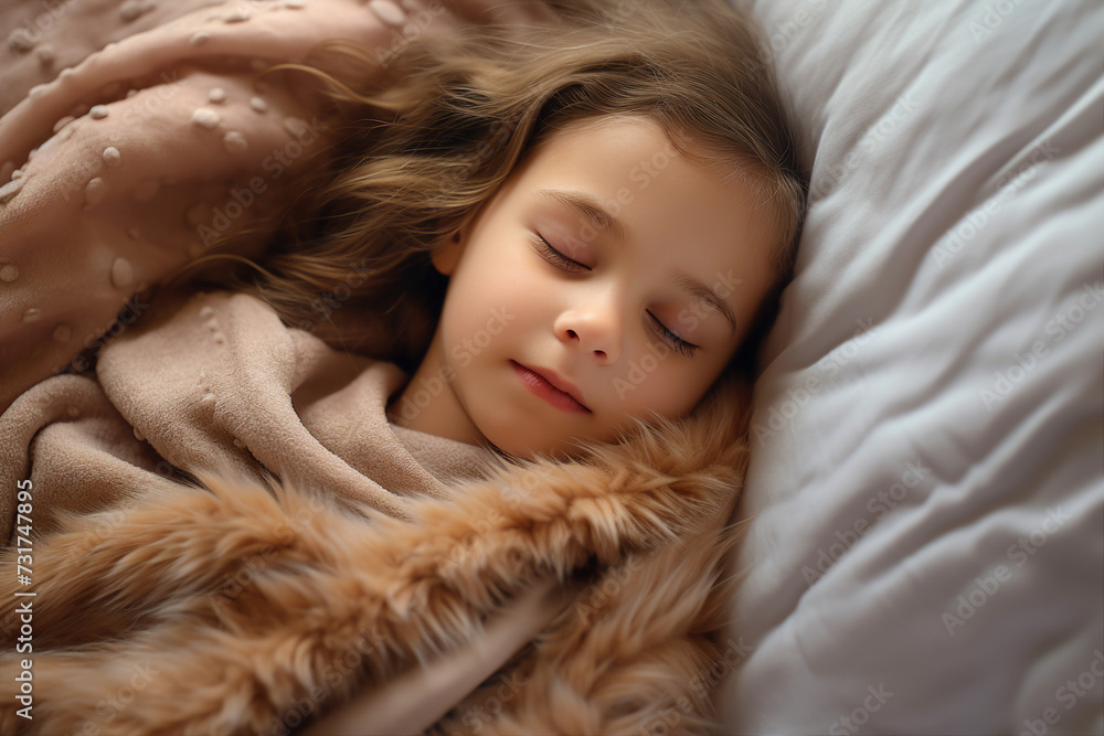 Generative AI picture of adorable lovely cute girl sleeping in comfortable bed enjoying sweet dreams Generative AI picture of adorable lovely cute girl sleeping in comfortable bed enjoying sweet dreams