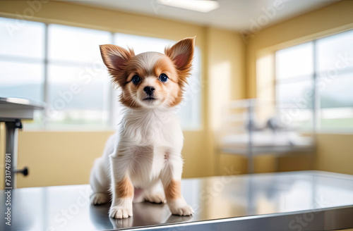 A small breed dog sits on a table in a veterinary clinic. Concept of medicine. Animal hospital © Ekaterina