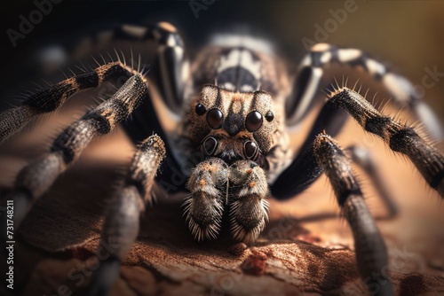 AI generated illustration of a close-up of a large spider walking along a wooden floor