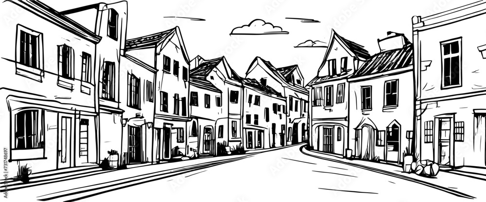 European village landscape illustration. Isolated, vector.