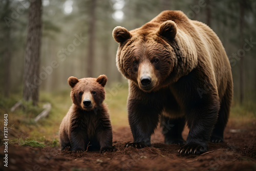 Brown bear mother with baby bear in the woods photoshoot background wallpaper
