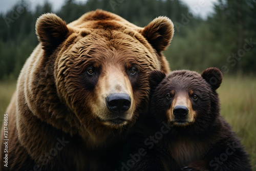 Brown bear family with baby bear portrait in the forest wallpaper background