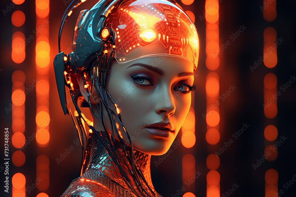 Ai generative picture of futuristic cyberpunk cyborg from the future illuminated with bright neon colours Ai generative picture of futuristic cyberpunk cyborg from the future illuminated with bright neon colours