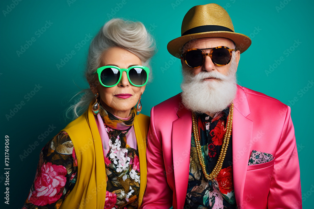 Obraz premium Elderly happy couple enjoying life together styling clothes family portrait Generative AI technology picture image