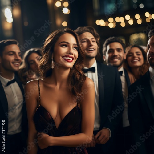 Woman standing confidently amongst a crowd of formally dressed individuals. AI-generated