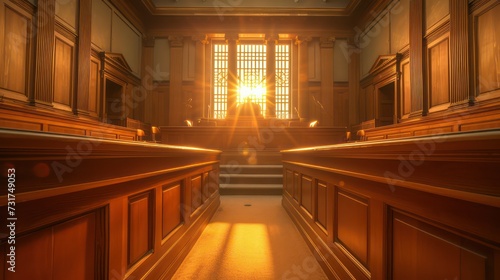 A court room with a wooden bench 