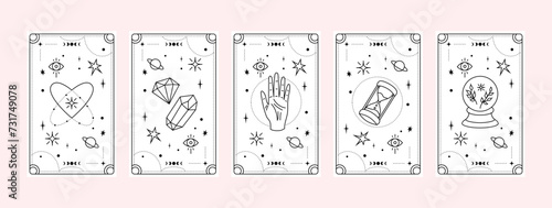 Tarot cards deck set. Esoteric elements collection on white. Magic icons minimalistic symbols. Hand drawn vector illustration