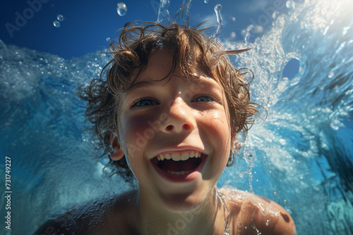 Summer holidays children in aquapark having fun sliding water splash Generative AI picture