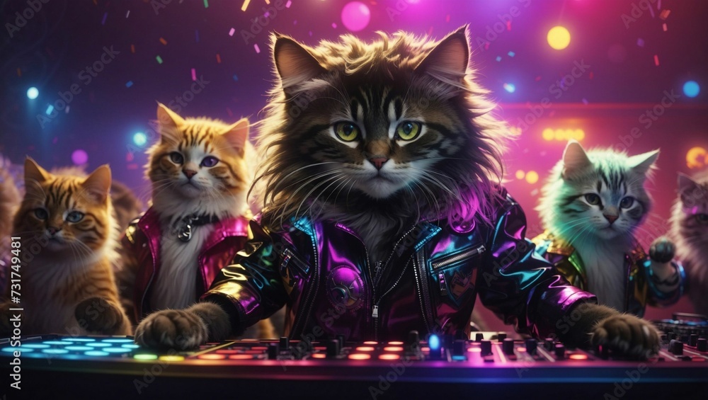 AI generated illustration of cats performing music with instruments in a nightclub setting AI generated illustration of cats performing music with instruments in a nightclub setting