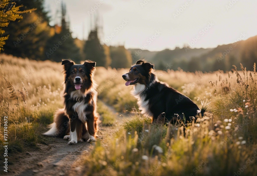 AI generated illustration of two domestic canines sitting side by side in a grassy field AI generated illustration of two domestic canines sitting side by side in a grassy field