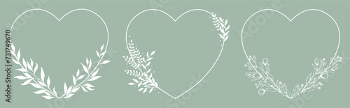 Set of of white heart-shaped frames on a green background. Heart-shaped frame...