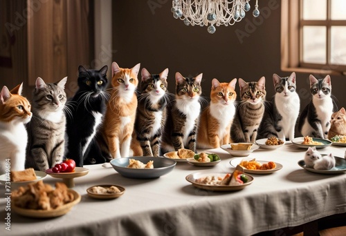 AI generated illustration of a group of cats gathering around a dinner table with an array of food photo