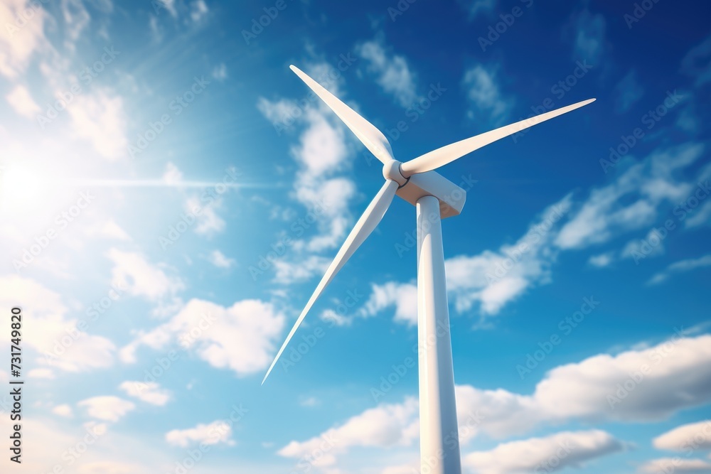 Wind turbine on blue sky background with shining sun. Sustainability assessment, renewable energy concept. Wind turbine on blue sky background with shining sun. Sustainability assessment, renewable energy concept.