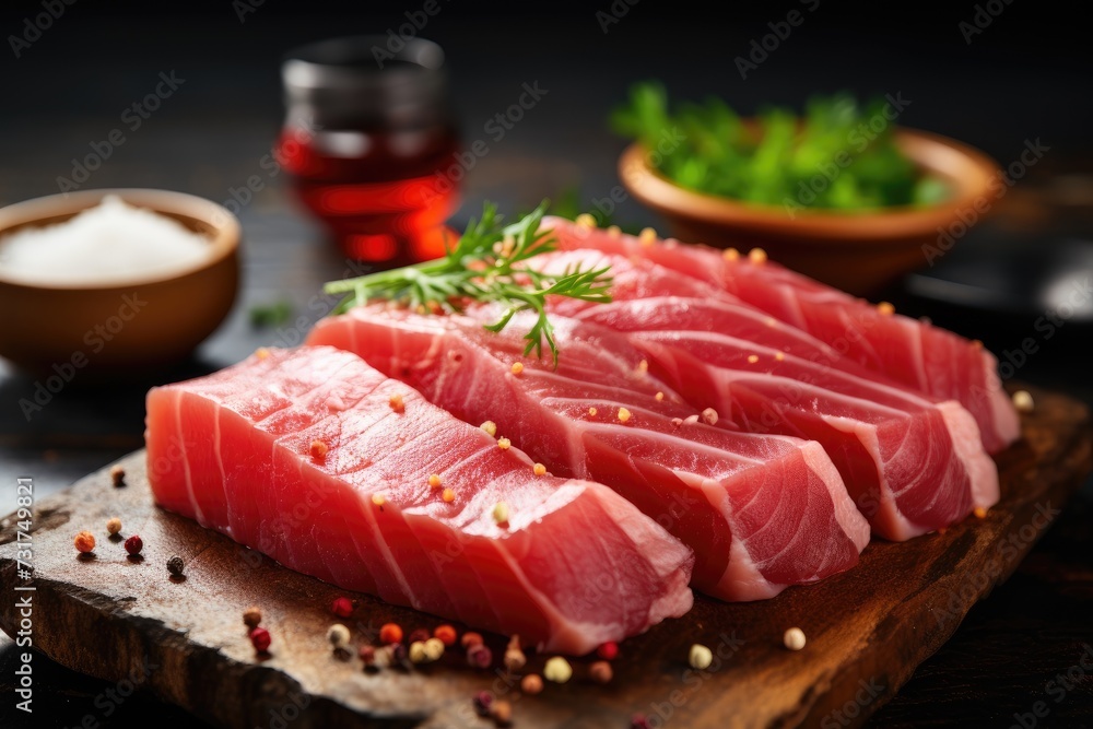 Fresh raw Tuna fillet steak and sashimi on wooden board background, delicious food for dinner, healthy food Fresh raw Tuna fillet steak and sashimi on wooden board background, delicious food for dinner, healthy food