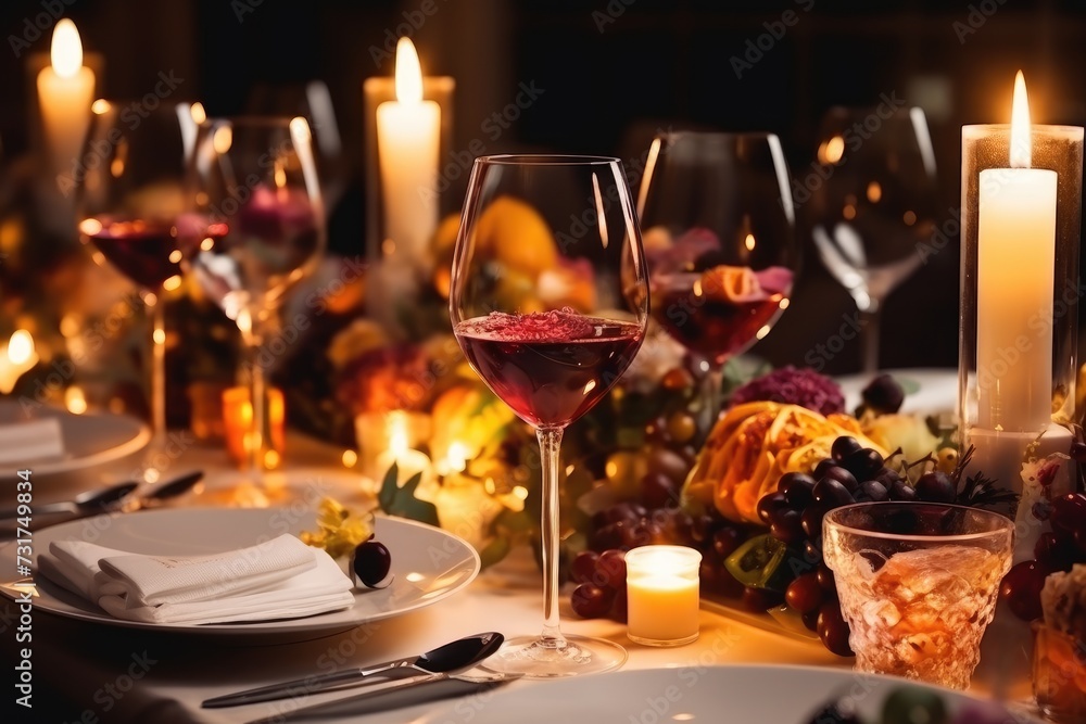 Wine glasses and elegant and selected decoration on the restaurant table romantic atmosphere, dining menu for guests Wine glasses and elegant and selected decoration on the restaurant table romantic atmosphere, dining menu for guests