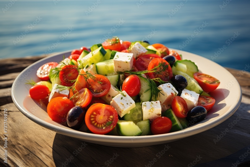 Greek salad with tomatoes, cucumbers, white feta cheese, olives and the sea in the background Greek salad with tomatoes, cucumbers, white feta cheese, olives and the sea in the background
