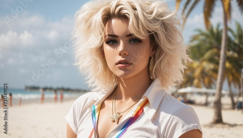 stunning blond-haired lgbtqia plus woman enjoying the sun and sand at a beach