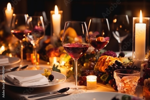 Wine glasses and elegant and selected decoration on the restaurant table romantic atmosphere  dining menu for guests