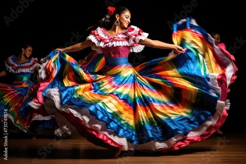 Hispanic dancers performing a traditional folk dance, their colorful costumes swirling with movement