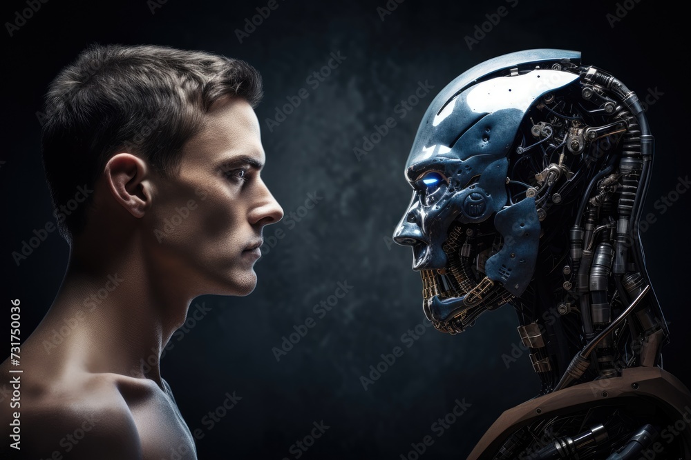 Young man and a humanoid robot looking at each other