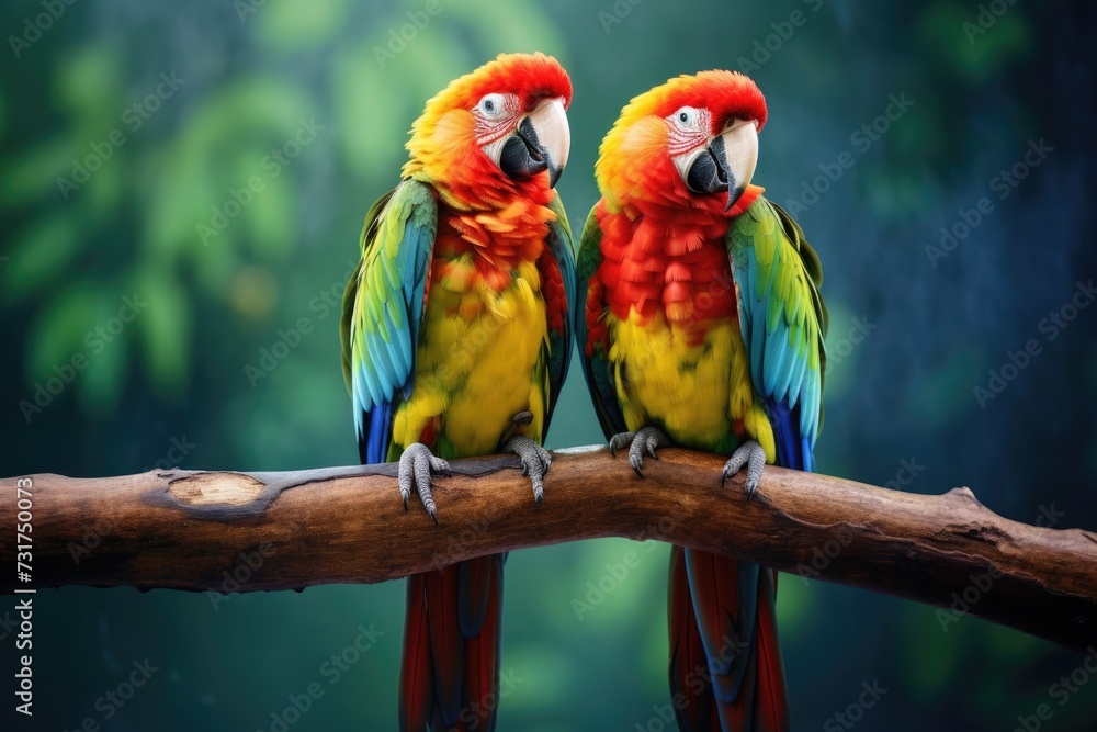 Two parrots sitting together on a branch in the rainforest. Colorful scarlet macaw parrots. Two parrots sitting together on a branch in the rainforest. Colorful scarlet macaw parrots.