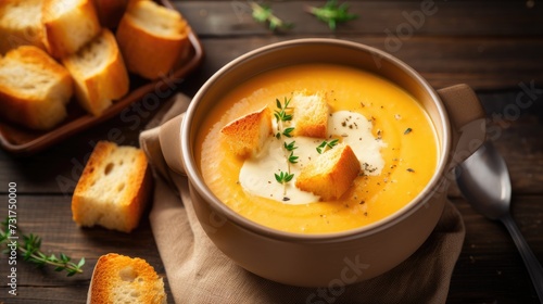 Autumn pumpkin cream soup with rosemary herb and croutons.