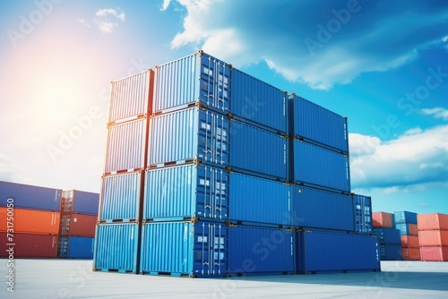 Stack of blue container boxes with sky background. Cargo freight shipping for import and export logistics