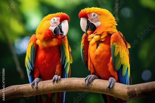 Two parrots sitting together on a branch in the rainforest. Colorful scarlet macaw parrots. © Lubos Chlubny