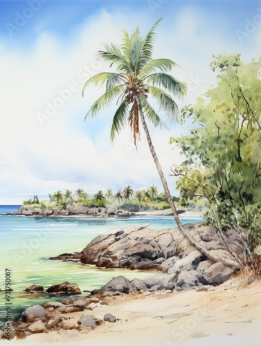 Watercolor painting of palm trees  palm tree on the beach with sea.