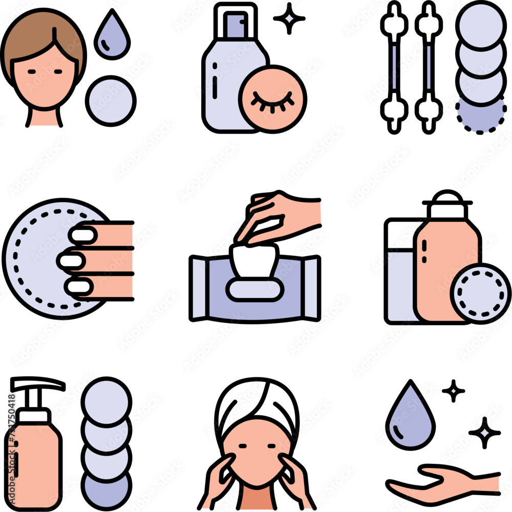 Makeup removal icons set vector illustration. Beauty products from skin of face, facial tissue and cotton pads, cleanser and water to clean and care skin
