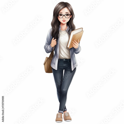 AI generated illustration of a cartoon Asian girl student standing with a book in hand