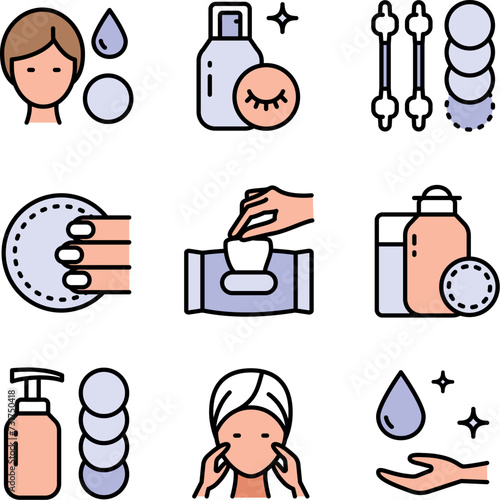 Makeup removal icons set vector illustration. Beauty products from skin of face, facial tissue and cotton pads, cleanser and water to clean and care skin