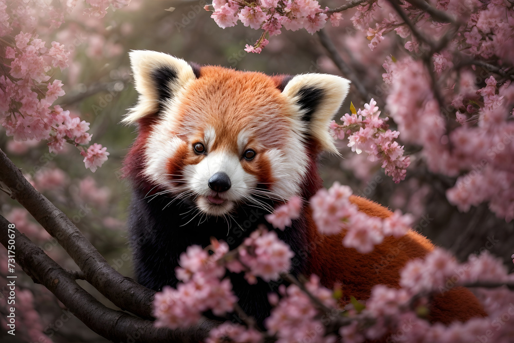 Naklejka premium Red panda rare endangered animal climbing on sakura tree wild background wallpaper cute portrait