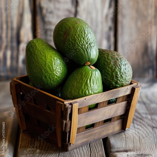 fresh avocados in a wooden basket. generative ai