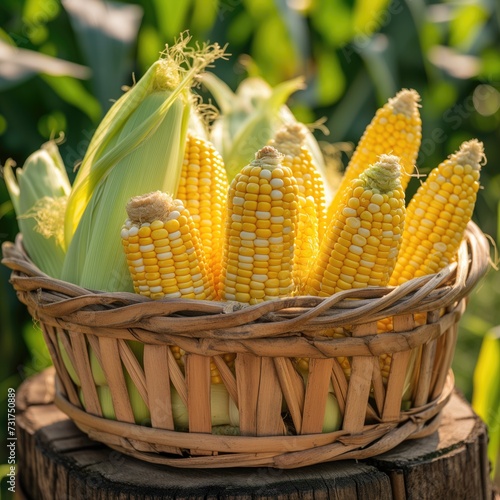 fresh corn in a wooden basket. generative ai