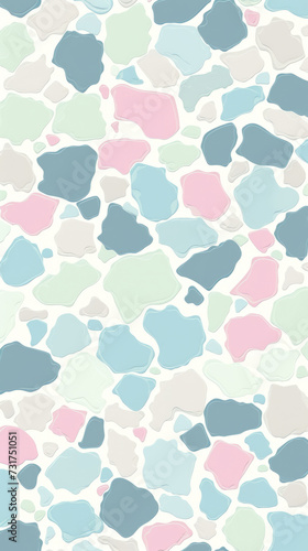 An abstract pattern with playful arrangement of pastel shapes on light background, ideal for modern design aesthetics.